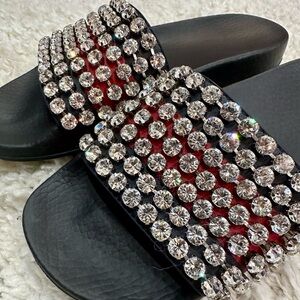 GUCCI | WOMENS CRYSTAL-EMBELLISHED WEB SLIDES | Size 37